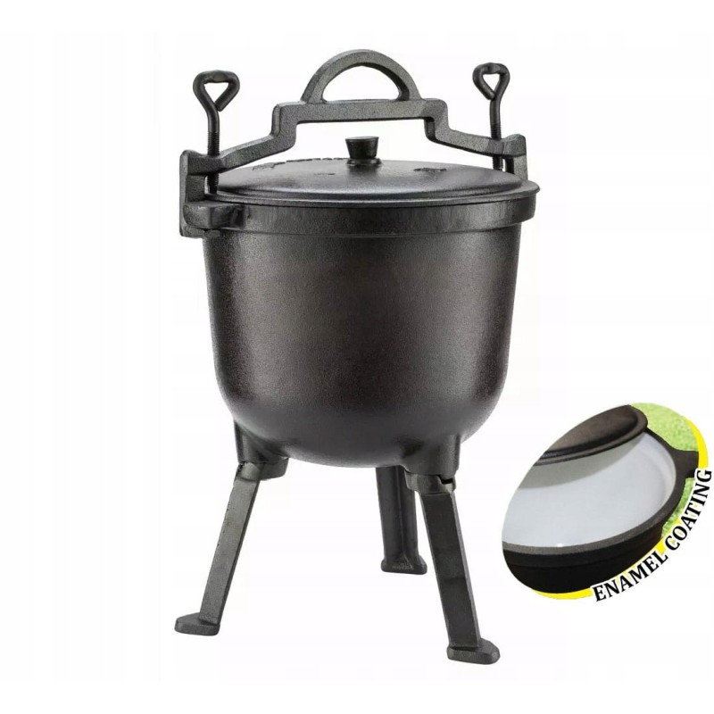 Ketaus katilas, emaliuotas, medžioklinis puodas, stovintis prie laužo, grilis, 4l