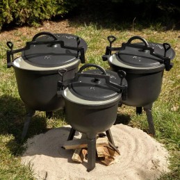 Ketaus katilas, emaliuotas, medžioklinis puodas, stovintis prie laužo, grilis, 4l