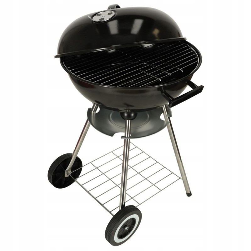 Garden charcoal grill for briquettes, closed, with a cover, ventilation and a shelf