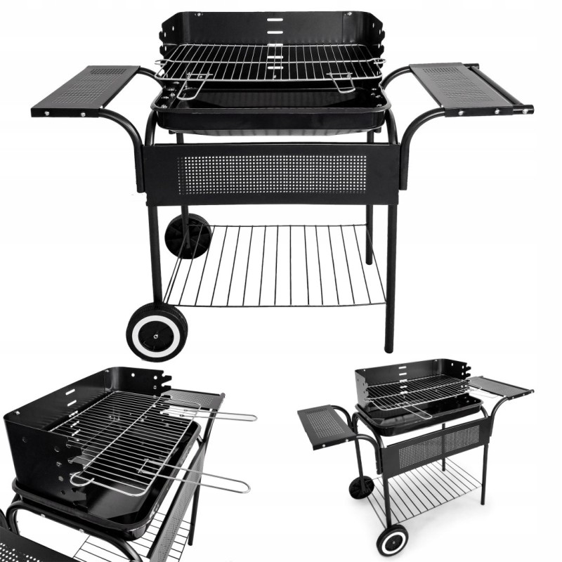 Sodo grilis su metalinėmis lentynomis, reguliuojamais grotelių ratukais