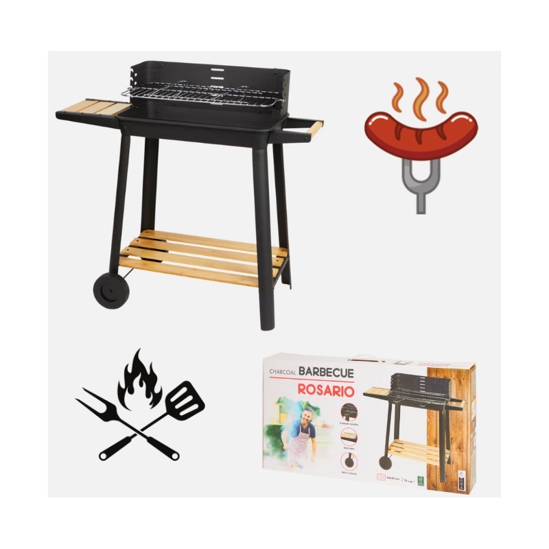 Sodo sulankstomos anglies kepsninės ant ratukų su reguliuojamomis grotelėmis ir lentyna