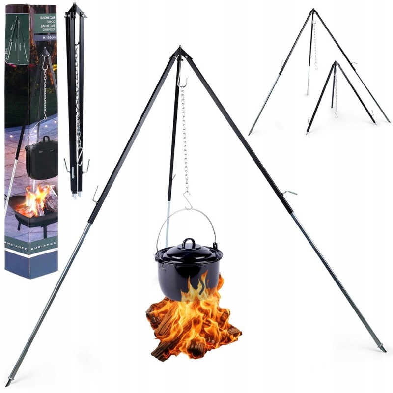 Trikojis stovas katilui, reguliuojamos plieninės grotelės ugniai