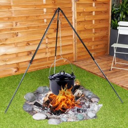 Trikojis stovas katilui, reguliuojamos plieninės grotelės ugniai