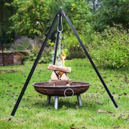 Trikojis stovas katilui, reguliuojamos plieninės grotelės ugniai