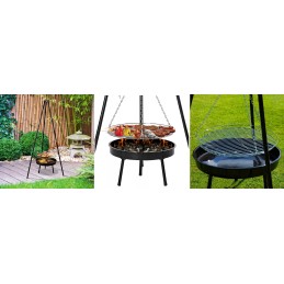 Kepsninė, sodo laužavietė, pakabinamas trikojis, laužavietė su grotelėmis