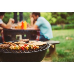 Sodo anglis grilis su pelenų keptuvėje, metalinės apvalios grotelės su dangteliu
