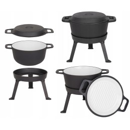 3 viename emaliuotas ketaus puodas, 5 litrai, dangtis, grilio funkcija, ugnies puodas