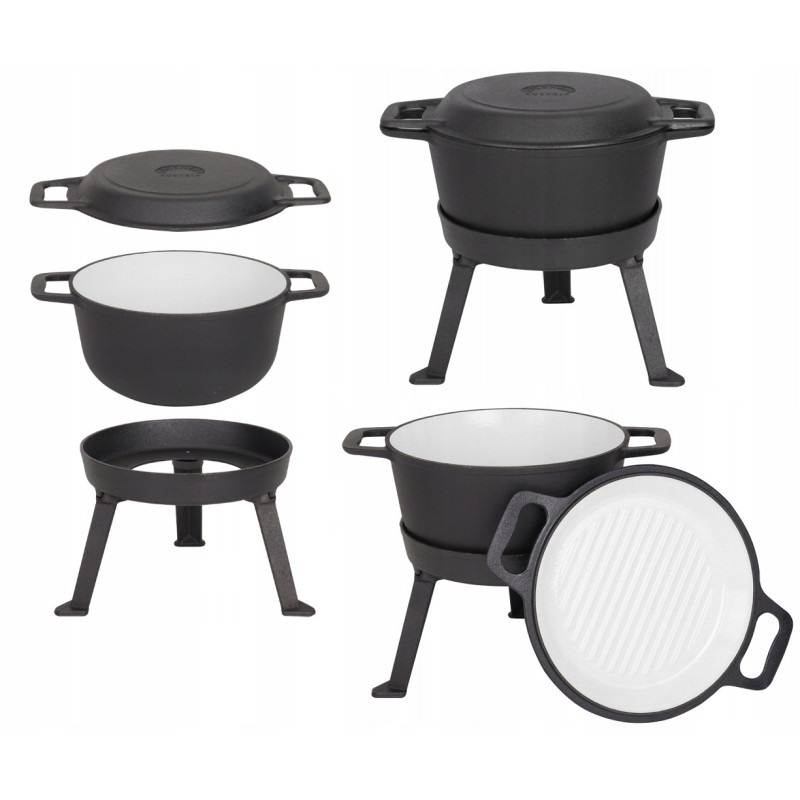 3 viename emaliuotas ketaus puodas, 5 litrai, dangtis, grilio funkcija, ugnies puodas