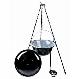 Hungarian enameled cauldron 8l, stand 120 cm, lid, ladle and spoon