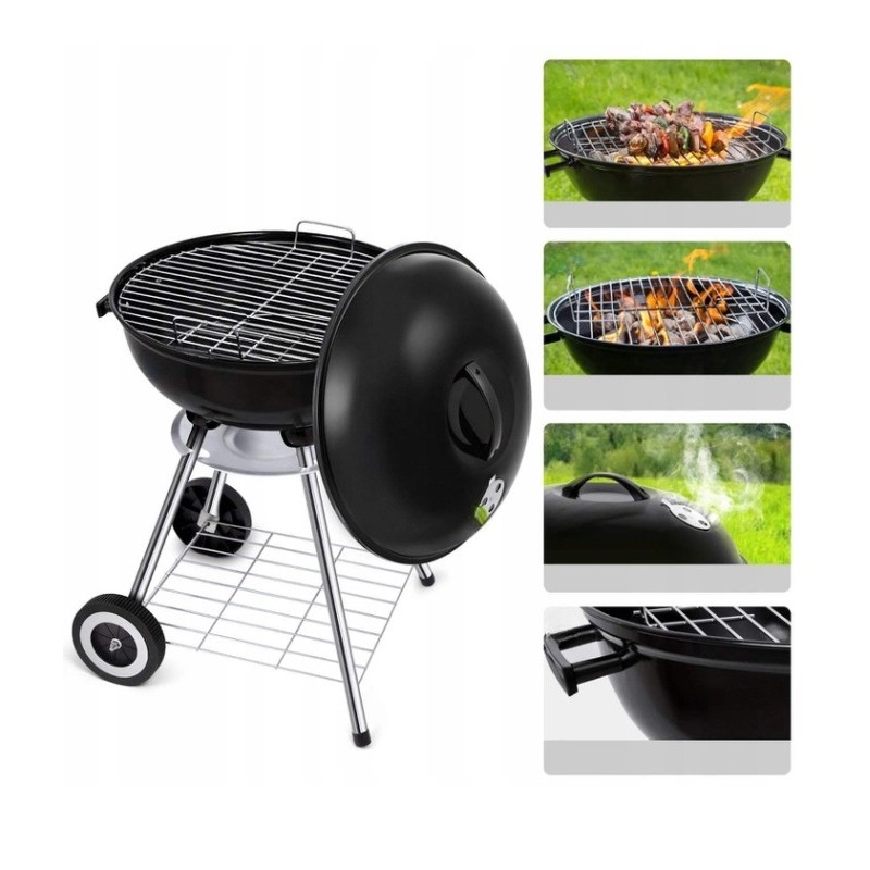 Garden charcoal grill for briquettes, closed, cover, shelf