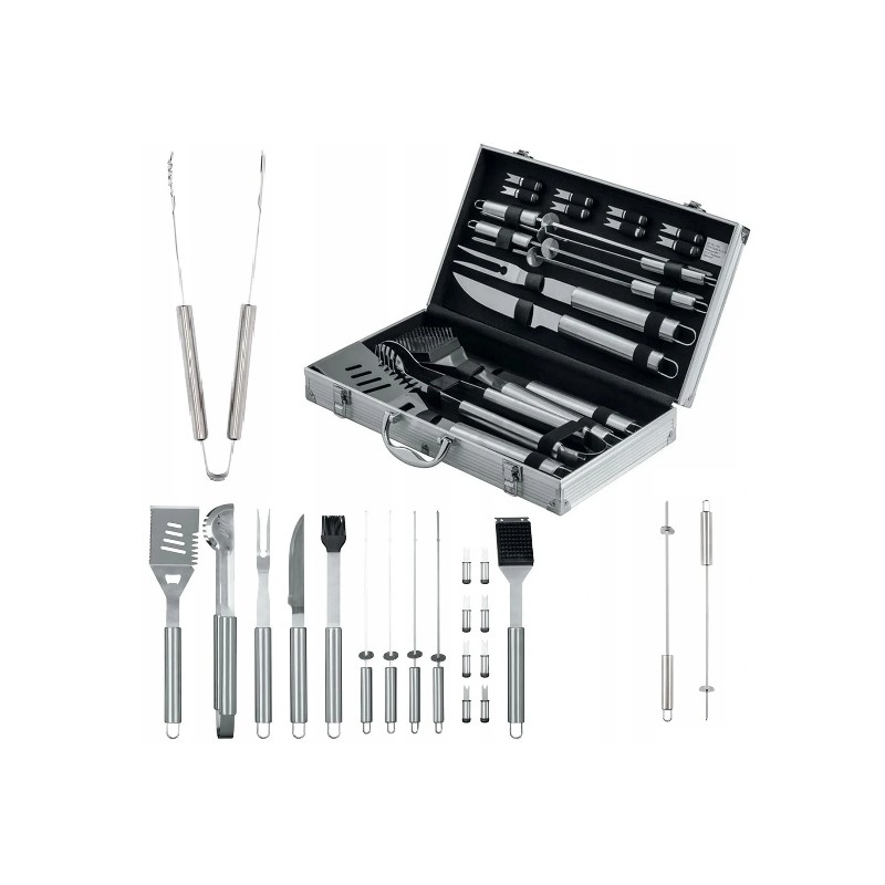 Puikus lagaminų ir stalo įrankių kepsninės priedų rinkinys, 18 vienetų išskirtiniame lagamine