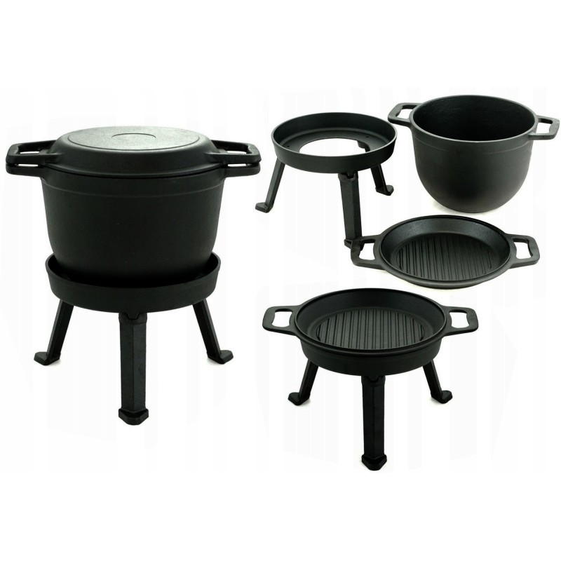 3in1 juodas ketaus katilas, 8l, dangtis, grilio funkcija, ugnies puodas