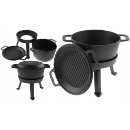 3in1 juodas ketaus katilas, 8l, dangtis, grilio funkcija, ugnies puodas