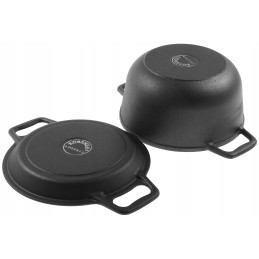 3in1 juodas ketaus katilas, 8l, dangtis, grilio funkcija, ugnies puodas