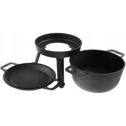 3in1 juodas ketaus katilas, 8l, dangtis, grilio funkcija, ugnies puodas