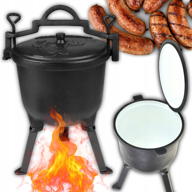 Emaliuotas ketaus katilas, vengriškas medžioklės puodas laužo griliui, 8l