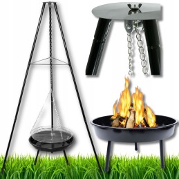 Trikojis sodo grilis su grotelėmis, sodo laužavietė, pakabinamas grilis