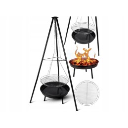 Trikojis sodo grilis su grotelėmis, sodo laužavietė, pakabinamas grilis