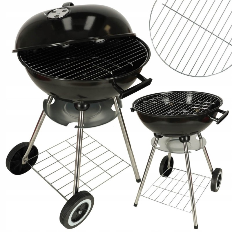 Garden charcoal grill for briquettes, closed, with cover, ventilation and shelf