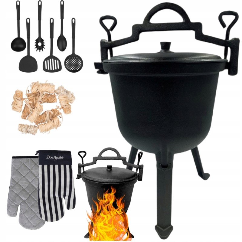 rinkinys xl ketaus katilas 8l medžioklinis puodas pirštinės indai ugnies paleidiklis