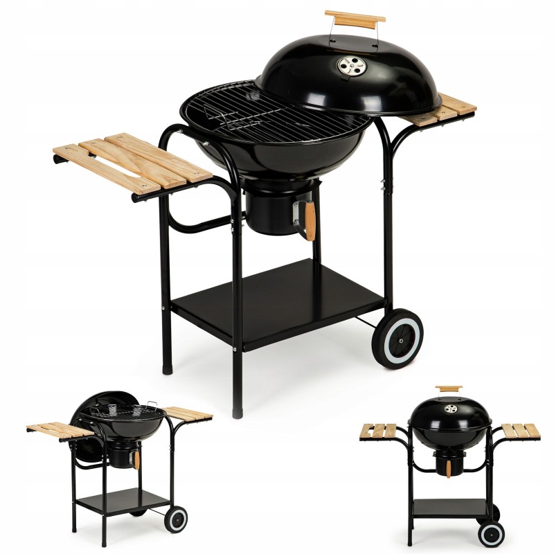 Apvalios anglies kepsninės su dangčiu ir lentynomis, grotelėmis, pelenų keptuvė ant ratukų