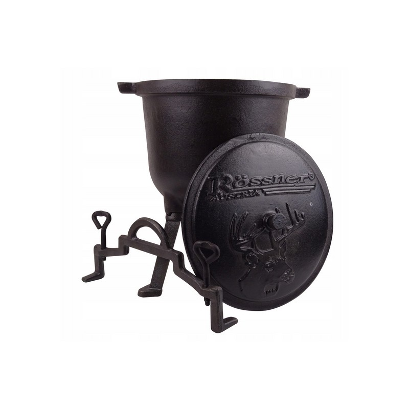 Tvirtas didelis ketaus medžioklinis laužo katilas