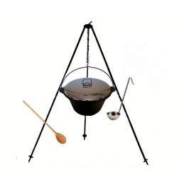 Čuguna katls 8 l + statīvs 120 cm + nerūsējošā tērauda vāks + karote + kauss 30 cm