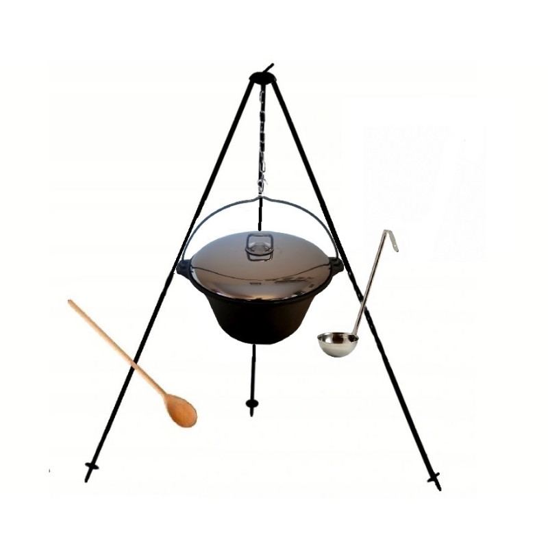 Cast iron cauldron 8 l + tripod 120 cm + stainless steel lid + spoon + ladle 30 cm