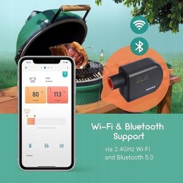 inkbird isc-027bw grilio ventiliatorius, skirtas temperatūros stebėjimui su automatiškai reguliuojamu ventiliatoriaus greičiu.