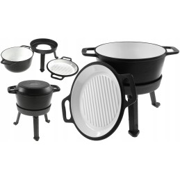 3 viename emaliuotas ketaus puodas, 8 litrai, dangtis, grilio funkcija, ugnies puodas