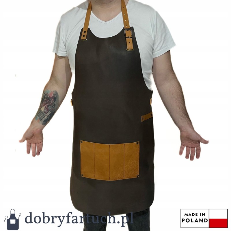 Rankų darbo odinė virtuvės grilio prijuostė židiniui padavėjui