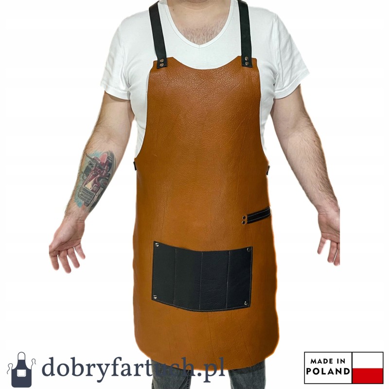 Rankų darbo odinė virtuvės grilio prijuostė židiniui padavėjui