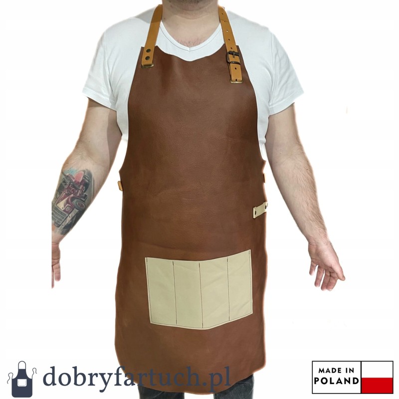 Rankų darbo odinė virtuvės grilio prijuostė židiniui padavėjui