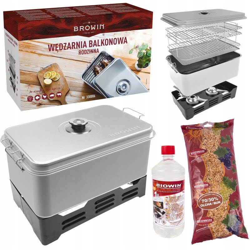 Balkoninė rūkykla su didele šeimynine kepsnine + alksnio/buko skiedros 450g + kuras 1l biowin 330006