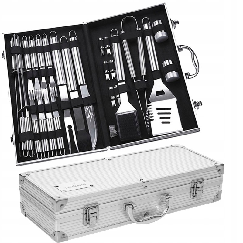 Grilio stalo įrankiai lagamine – praktiškas ir elegantiškas rinkinys, turintis daug privalumų, ypač skirtas kepsnių mėgėjams.