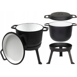 3 viename emaliuotas ketaus puodas, 10l, dangtis, grilio funkcija, ugnies puodas