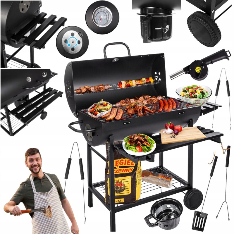 Sodo anglis grilis ant ratukų, didelės lentynos, peleninė, grotelės, priedai