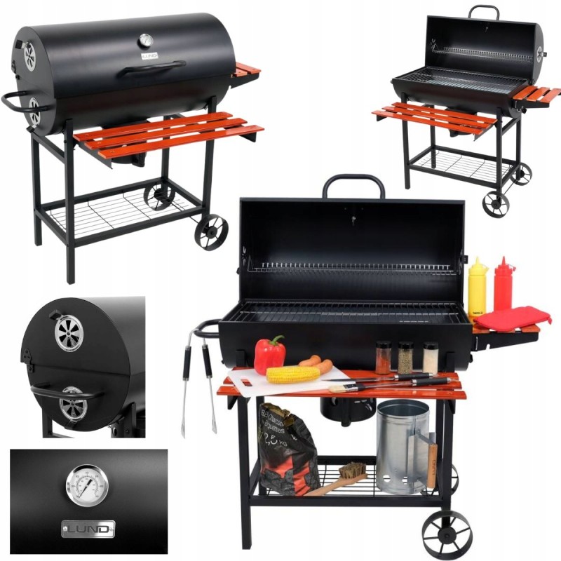 Sodo kepsninė su anglimis su termometro dangteliu ir lentynomis sklypui