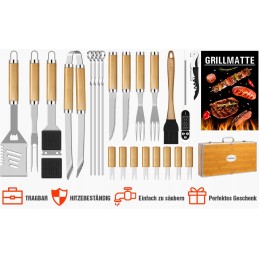 BBQ grilio rinkinys, nerūdijantis plienas, lagaminas, 26 dalys, medienos termometras