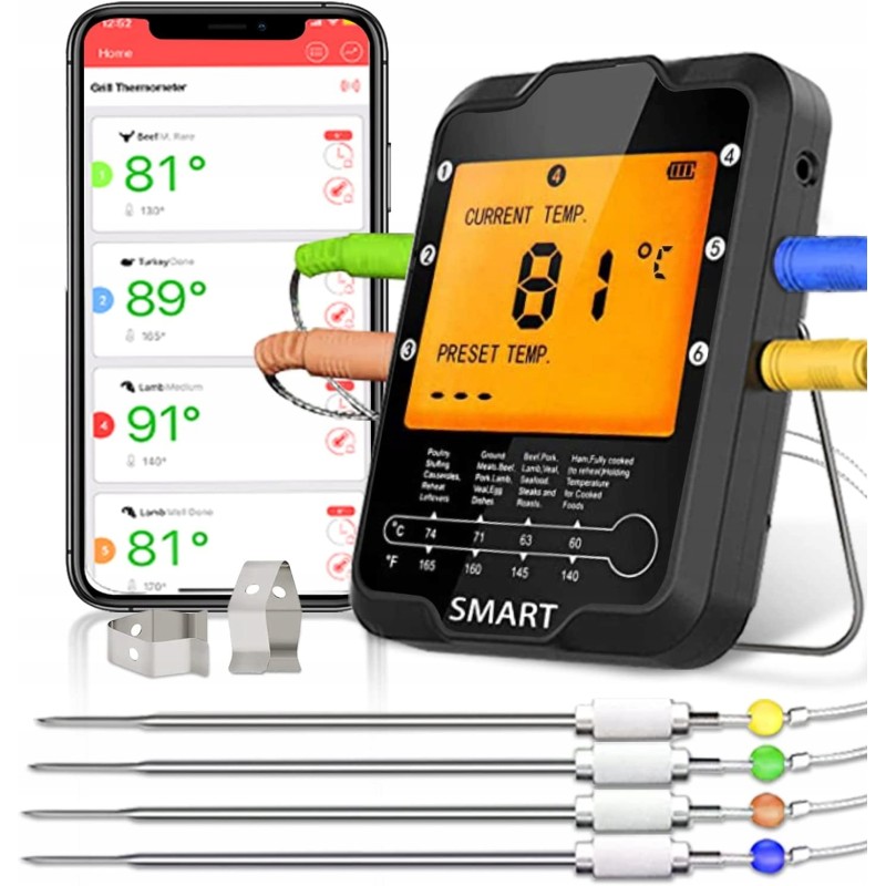 Grilio termometras su 4 spalvingais išmaniaisiais zondais