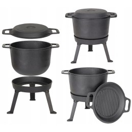 3in1 juodas ketaus katilas, 15l, dangtis, grilio funkcija, ugnies puodas