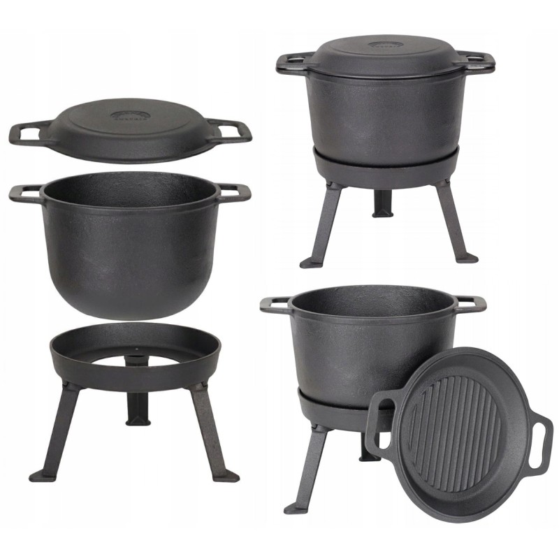 3in1 juodas ketaus katilas, 15l, dangtis, grilio funkcija, ugnies puodas