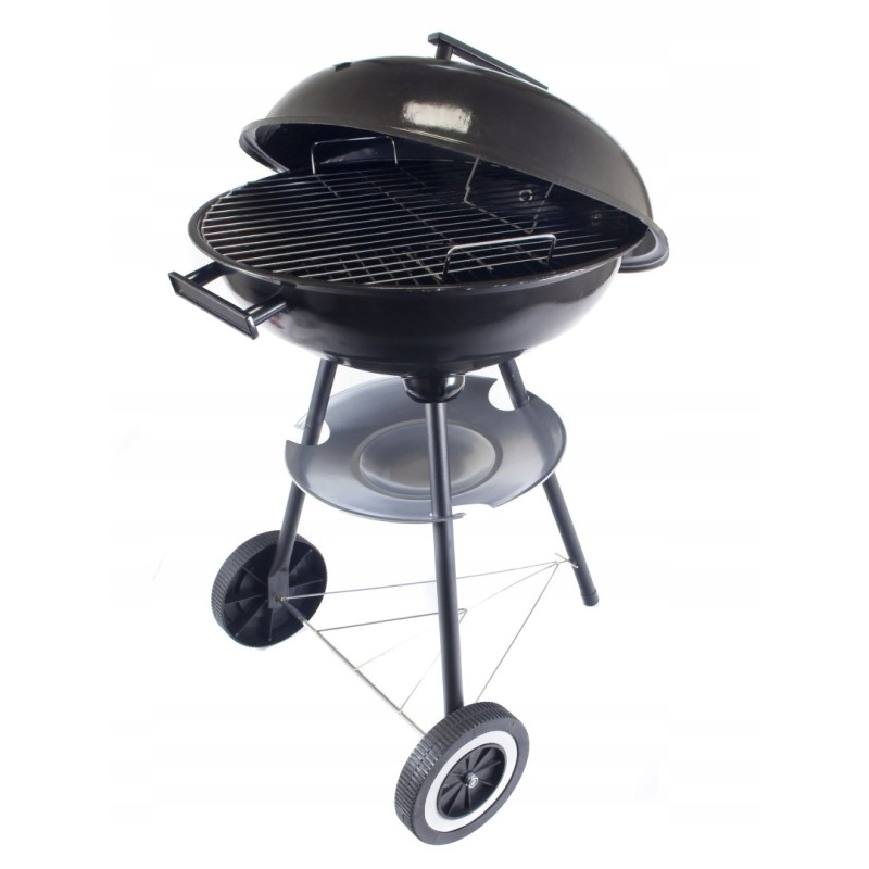Juodos sodo anglies grilis ant ratų su 45 cm skersmens pelenų keptuvės dangčiu