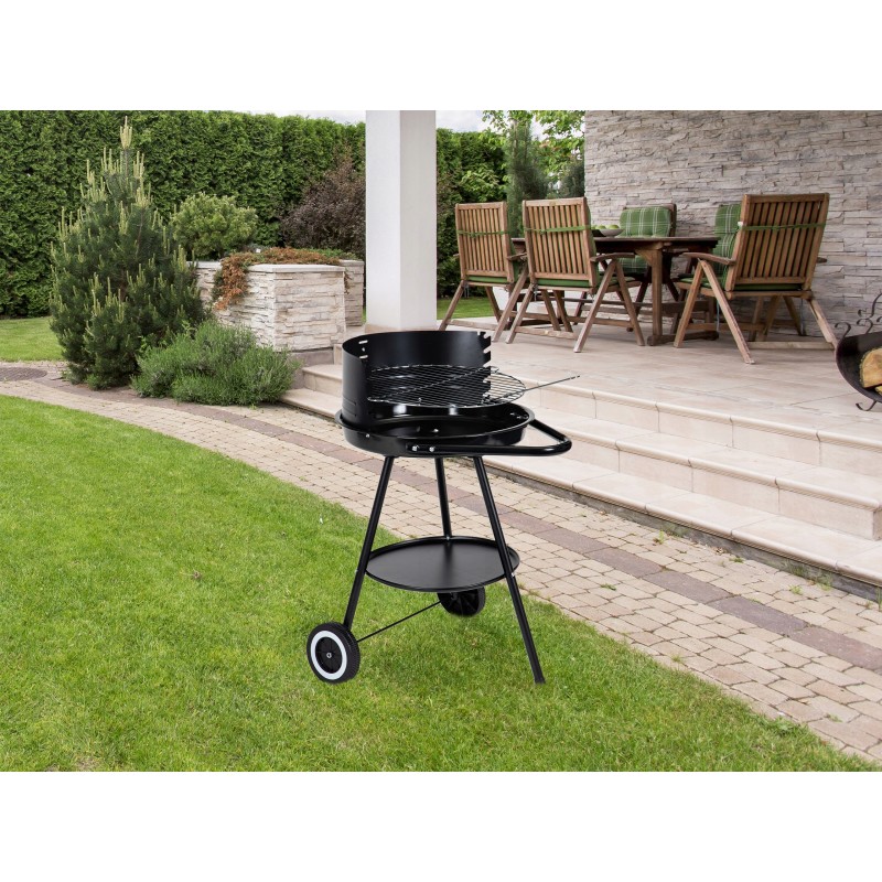 Garden grill with adjustable grate on wheels, portable, round, large, charcoal