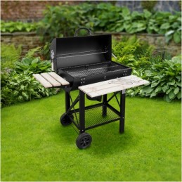 Didelės sodo anglies kepsninės su medinėmis lentynomis, uždenkite termometru