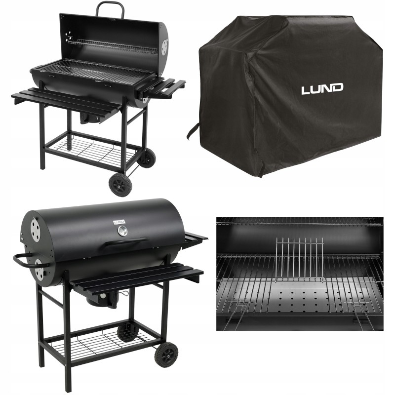 Grilis su anglimis su chromuotomis grotelėmis, kaitinimo grotelėmis ir temperatūrą palaikančiu dangčiu + grilio dangtelis iš pat