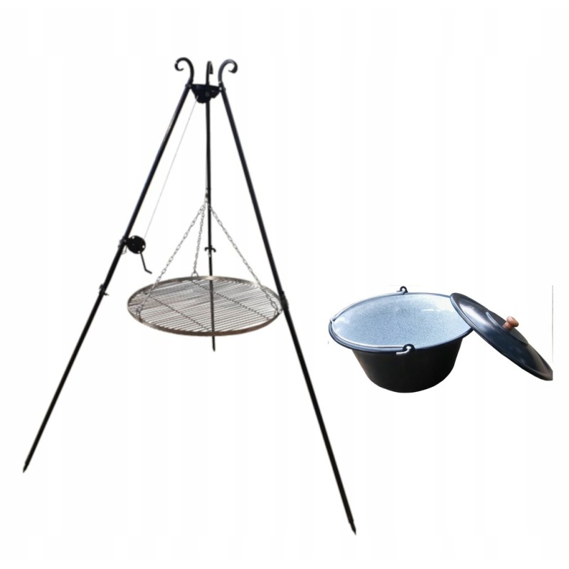 Trikojis grilis 185 cm su nerūdijančio plieno grotelėmis 60 cm + vengriškas virdulys 14 litrų "vengriškas"