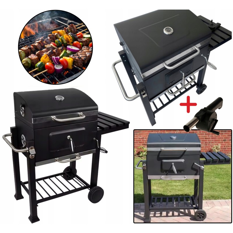 Grilis su anglimis, sodo termometras, dengia dvi dideles groteles, nemokamas pūstuvas