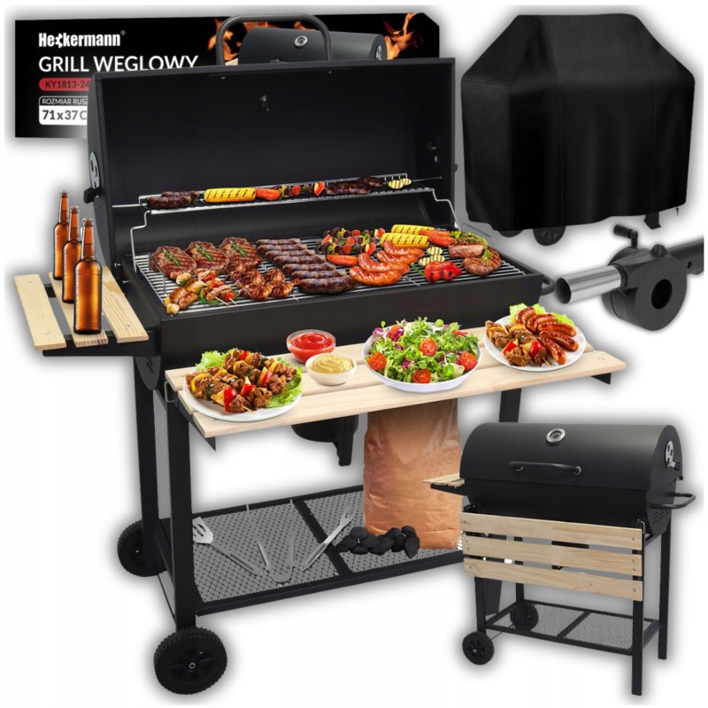 Sodo kepsninė su anglimis, 2x chromuotos grotelės, lentynos, peleninė, termometrų rinkinys