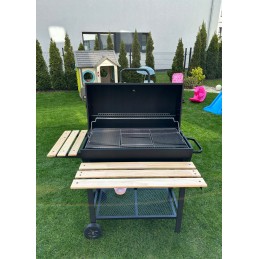 Didelė sodo kepsninė su anglimis, 2 grotelės, termometras, pelenų keptuvė, lentynos + dangtis